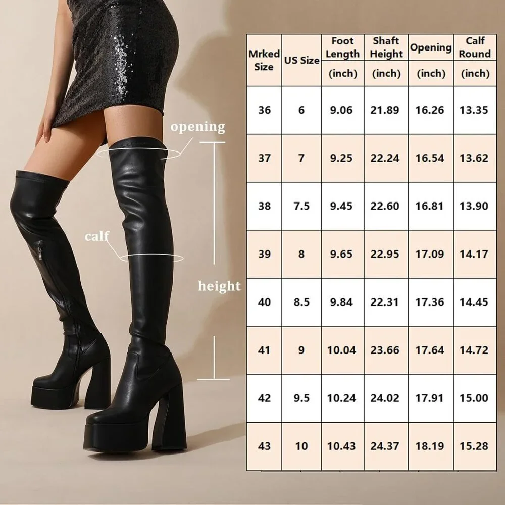 Women Black Synthetic Thigh High Boots Chunky Block Heels Over The Knee Boots